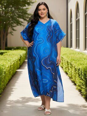 Women Plus Size Marble Printed Caftan Dress Stylish Cover Up Maxi Dresses